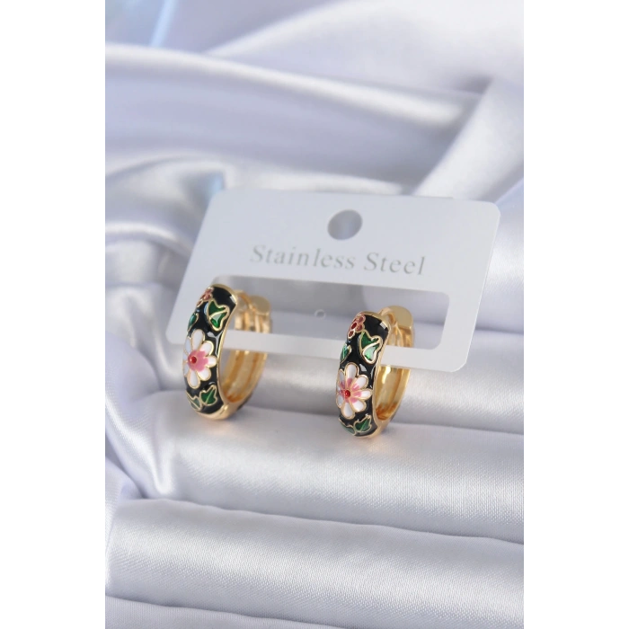 HEYF Pirinç Gold Renk Siyah Çiçek İşleme Kadın Küpe