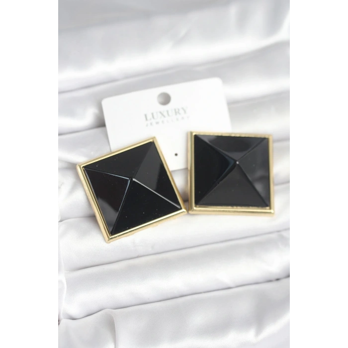 HEYF Pirinç Gold Renk Siyah Piramit Model Kadın Küpe