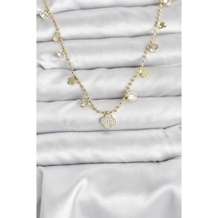 HEYF Pirinç Gold Renk Yonca Model Kadın Kolye