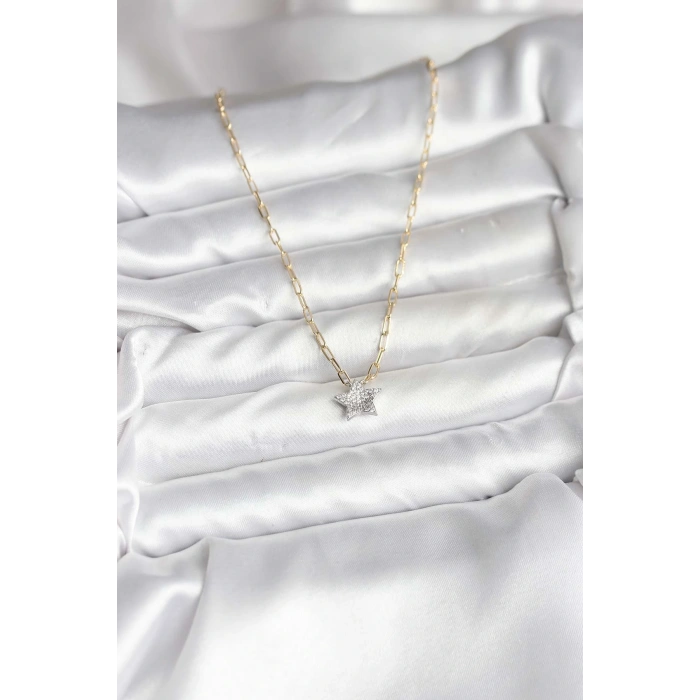 HEYF Pirinç Gold Renk Zincirli Zirkon Taşlı Minimal Yıldız Model Kadın Kolye
