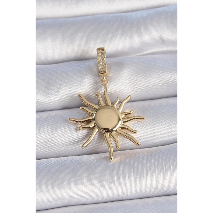 HEYF Pirinç Gold Renk Zirkon Taş Detaylı Güneş Model Ajda Charm