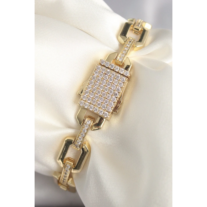 HEYF Pirinç Gold Renk Zirkon Taş Detaylı Kare Zincir Model Xuping VIP Exculusive Seri Kadın Bileklik