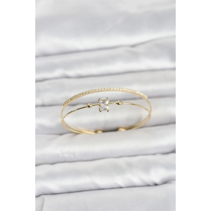 HEYF Pirinç Gold Renk Zirkon Taşlı Baget Model Kadın Bileklik