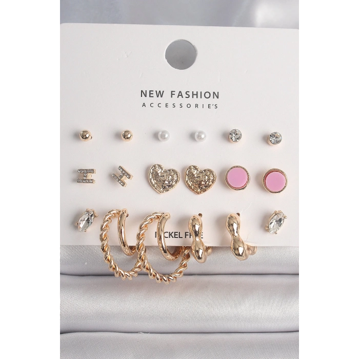 HEYF Pirinç Gold Renk Zirkon Taşlı Burug Halka Model İşlemeli Kalp Detay 9 Çift Kadın Küpe Seti