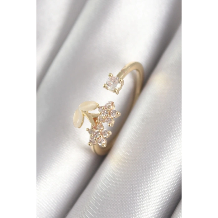 HEYF Pirinç Gold Renk Zirkon Taşlı Çiçek Model Kadın Yüzük