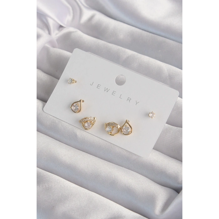 HEYF Pirinç Gold Renk Zirkon Taşlı Damla Model Küpe Seti