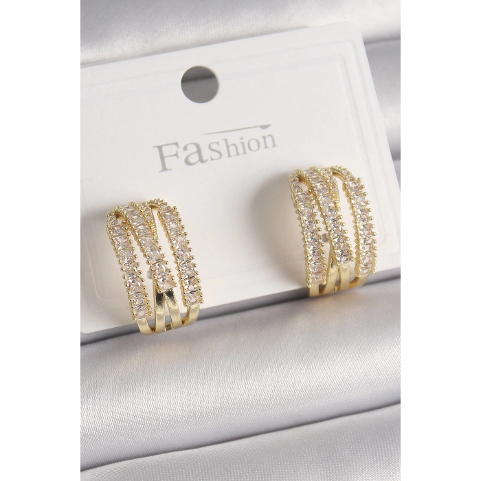 HEYF Pirinç Gold Renk Zirkon Taşlı Halka Model Kadın Küpe