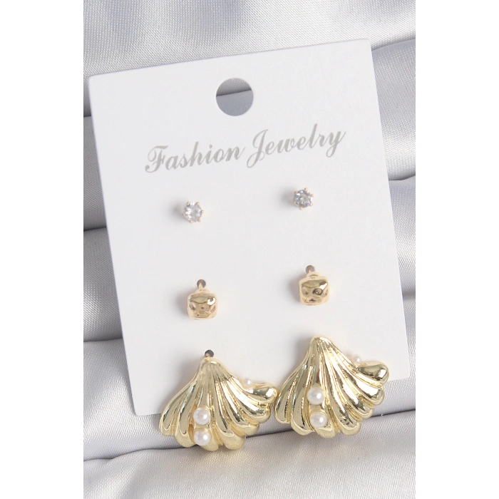 HEYF Pirinç Gold Renk Zirkon Taşlı İnci Detaylı Deniz Kabuğu Model 3 Çift Kadın Küpe Seti