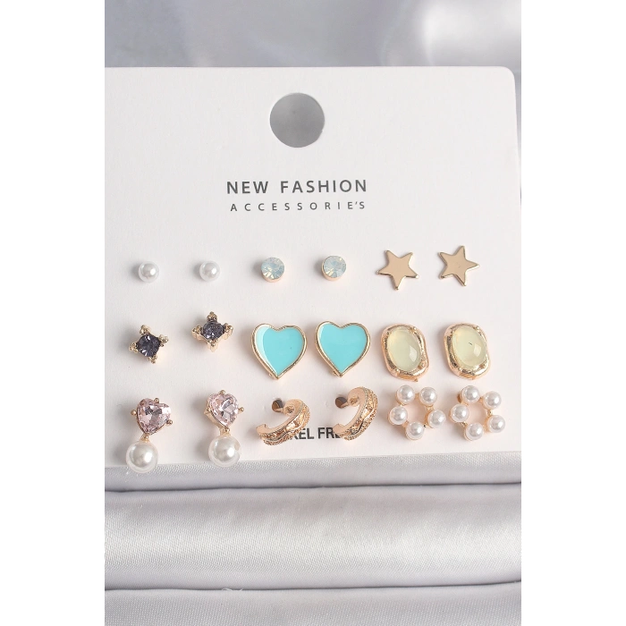 HEYF Pirinç Gold Renk Zirkon Taşlı İncili Çiçek Mavi Kalp Figür 9 Çift Kadın Küpe Seti