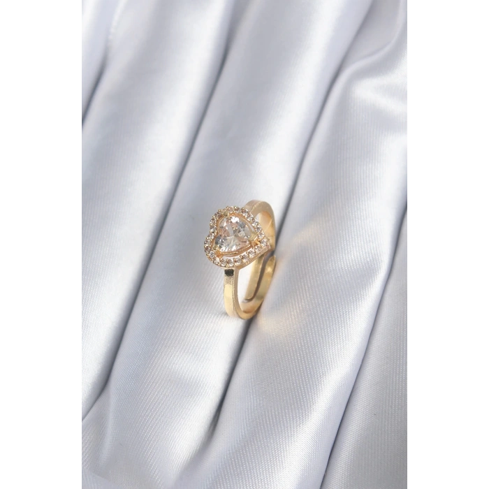 HEYF Pirinç Gold Renk Zirkon Taşlı Kalp Charm Model Kadın Yüzük