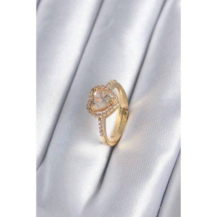 HEYF Pirinç Gold Renk Zirkon Taşlı Kalp Charm Model Kadın Yüzük