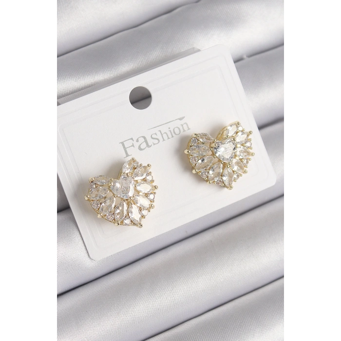 HEYF Pirinç Gold Renk Zirkon Taşlı Kalp Model Kadın Küpe