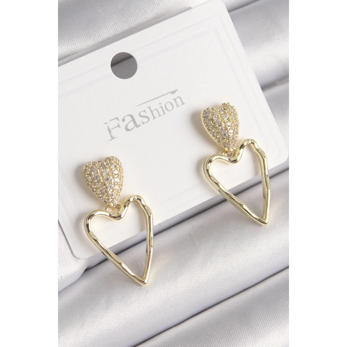 HEYF Pirinç Gold Renk Zirkon Taşlı Kalp Model Kadın Küpe