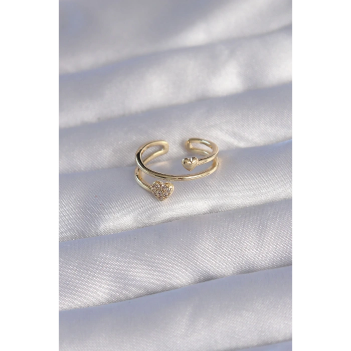 HEYF Pirinç Gold Renk Zirkon Taşlı Kalpli Model Ayarlanabilir Yüzük