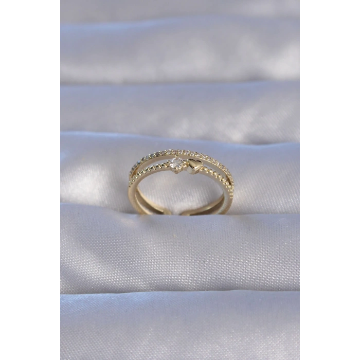 HEYF Pirinç Gold Renk Zirkon Taşlı Kalpli Su Yolu Model Ayarlanabilir Yüzük