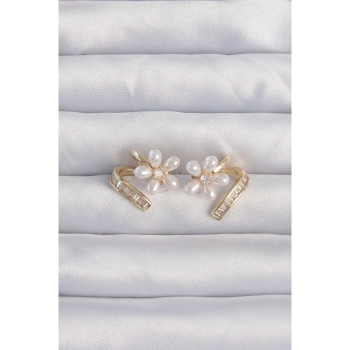 HEYF Pirinç Gold Renk Zirkon Taşlı Kıvrımlı İnci Çiçek Küpe