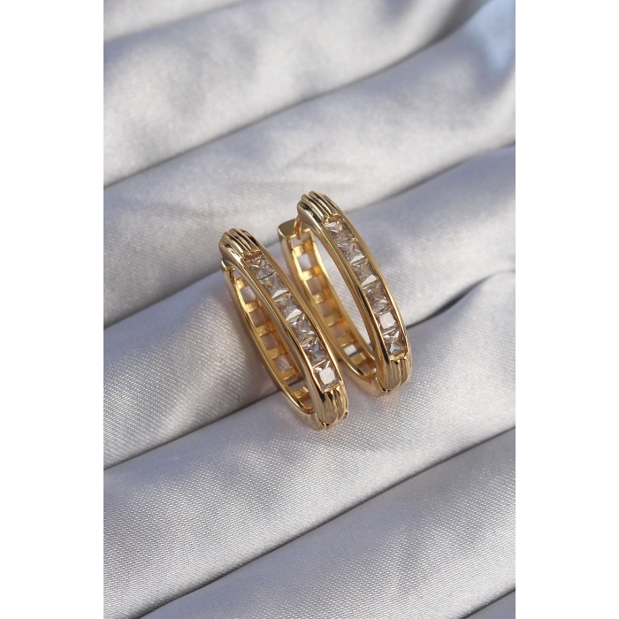 HEYF Pirinç Gold Renk Zirkon Taşlı Oval Model Küpe