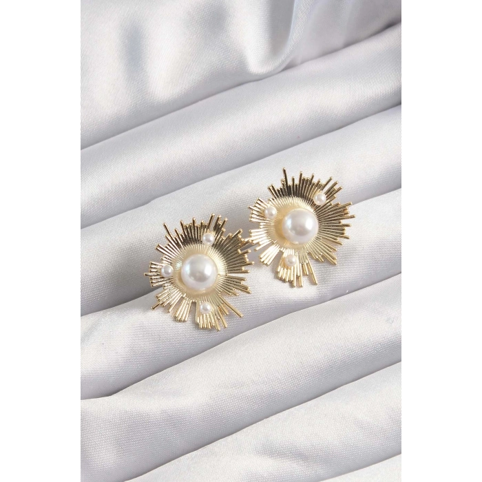 HEYF Pirinç Gold Renk Zirkon Taşlı Parlayan İnci Taneleri Küpe