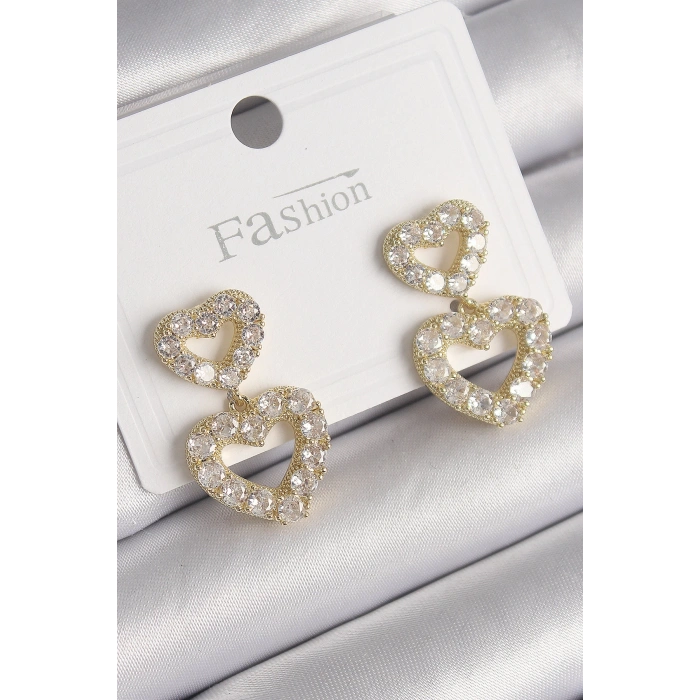 HEYF Pirinç Gold Renk Zirkon Taşlı Sallantı Kalp Model Kadın Küpe