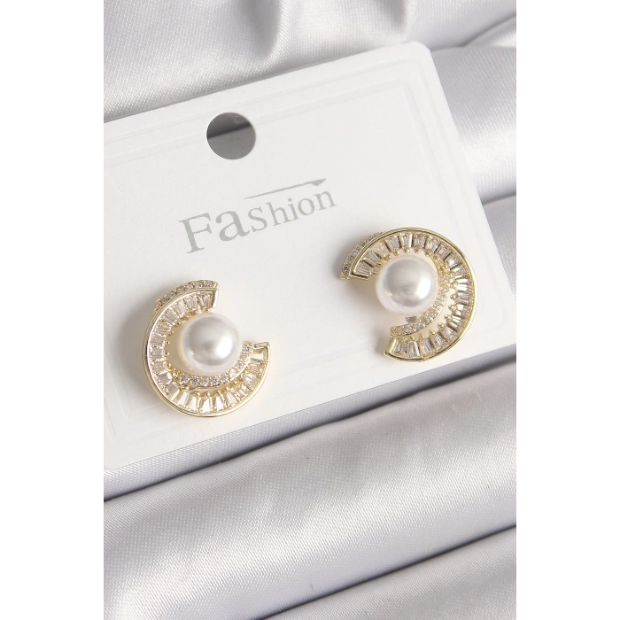 HEYF Pirinç Gold Renk Zirkon Taşlı Salyangoz Model İnci Detay Kadın Küpe