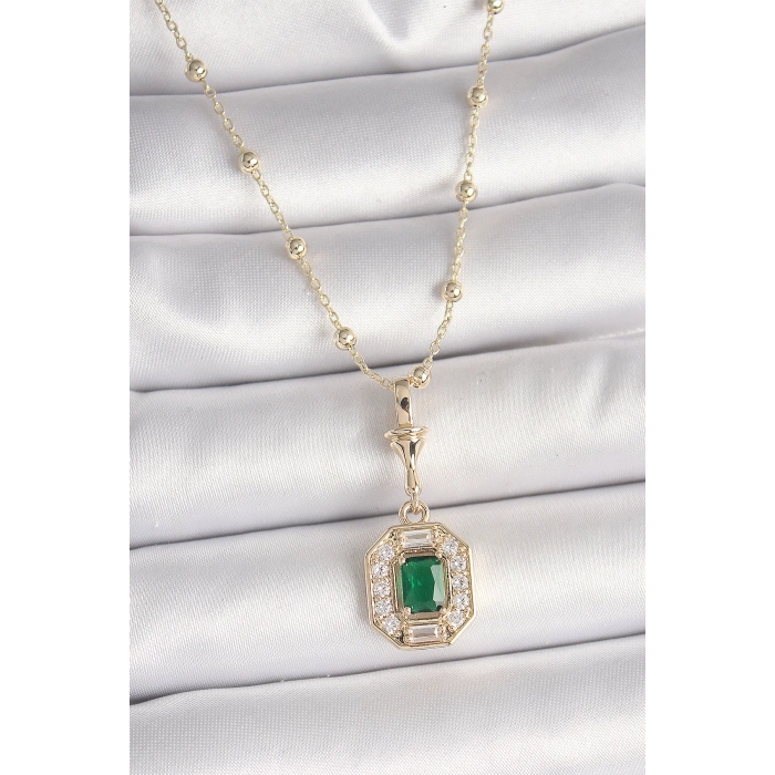 HEYF Pirinç Gold Renk Zirkon Taşlı Topçuk Zincir Serenay Model Kadın Kolye