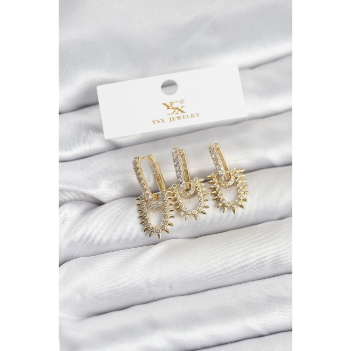 HEYF Pirinç Gold Renk Zirkon Taşlı Vintage Model YSX Trio Küpe Seti