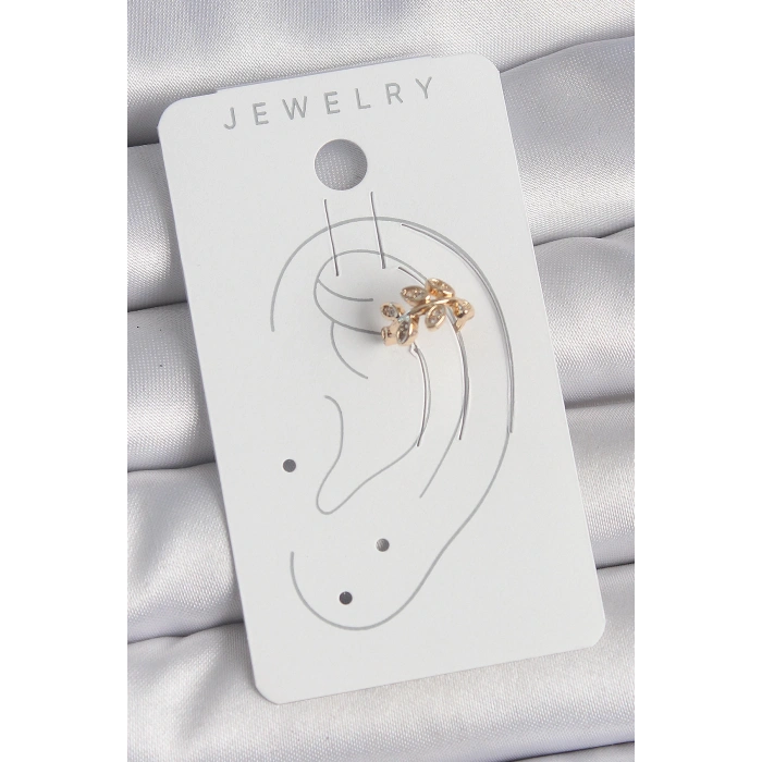 HEYF Pirinç Gold Renk Zirkon Taşlı Yaprak Model Kadın Kıkırdak Küpe