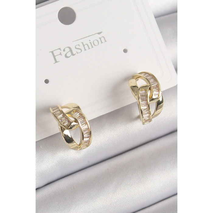 HEYF Pirinç Gold Renk Zirkon Taşlı Zincir Model Kadın Küpe