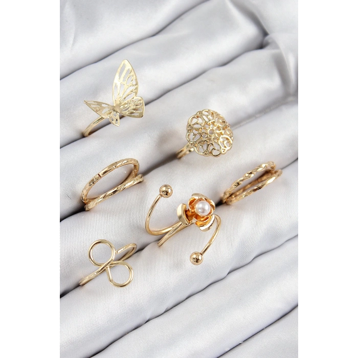 HEYF Pirinç Gül Kelebek Model Gümüş Renk Kadın Yüzük Kombin Set