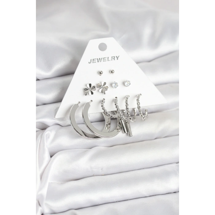 HEYF Pirinç Gümüş Renk 6 Çift Kadın Küpe Seti