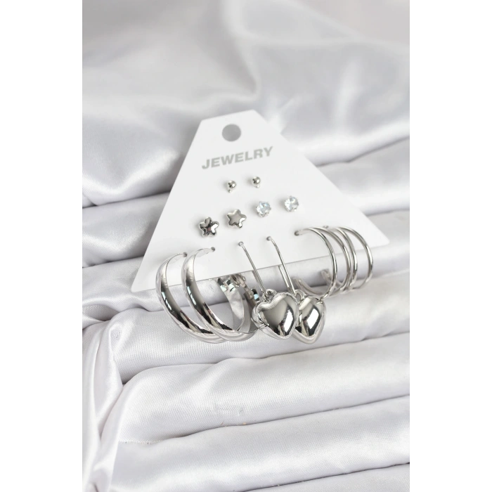 HEYF Pirinç Gümüş Renk 6 Çift Kadın Küpe Seti