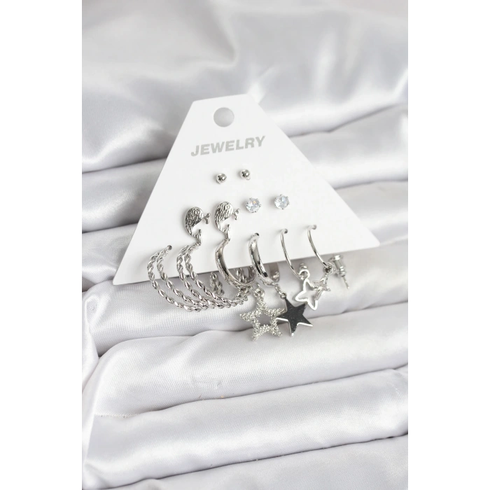 HEYF Pirinç Gümüş Renk 6lı Kadın Küpe Seti