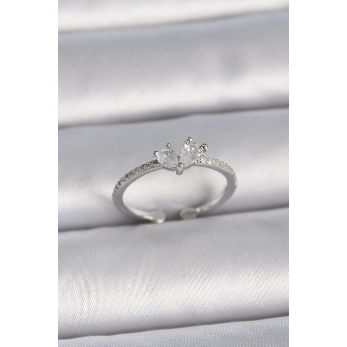 HEYF Pirinç Gümüş Renk Ayaralanabilir Zirkon Taşlı Kalp Model Kadın Yüzük