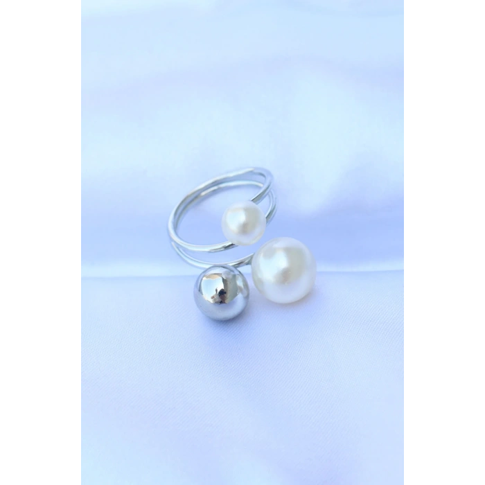 HEYF Pirinç Gümüş Renk Ayarlanabilir İnci Taşlı Yüzük