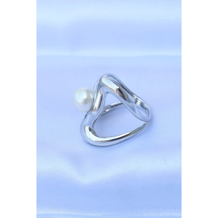 HEYF Pirinç Gümüş Renk Ayarlanabilir İnci Taşlı Yüzük