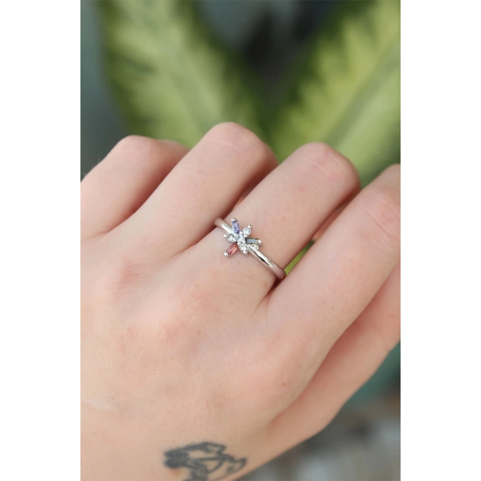 HEYF Pirinç Gümüş Renk Ayarlanabilir Renkli Zirkon Taşlı Yusufçuk Yüzük