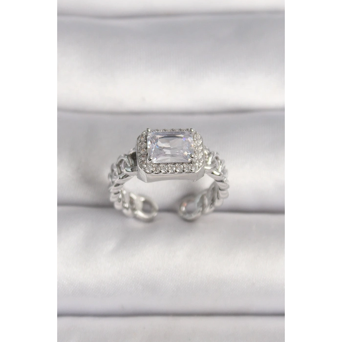 HEYF Pirinç Gümüş Renk Ayarlanabilir Zincir Kare Zirkon Taşlı Kadın Yüzük