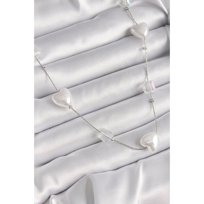 HEYF Pirinç Gümüş Renk Beyaz İnci Kalp Model Kadın Kolye