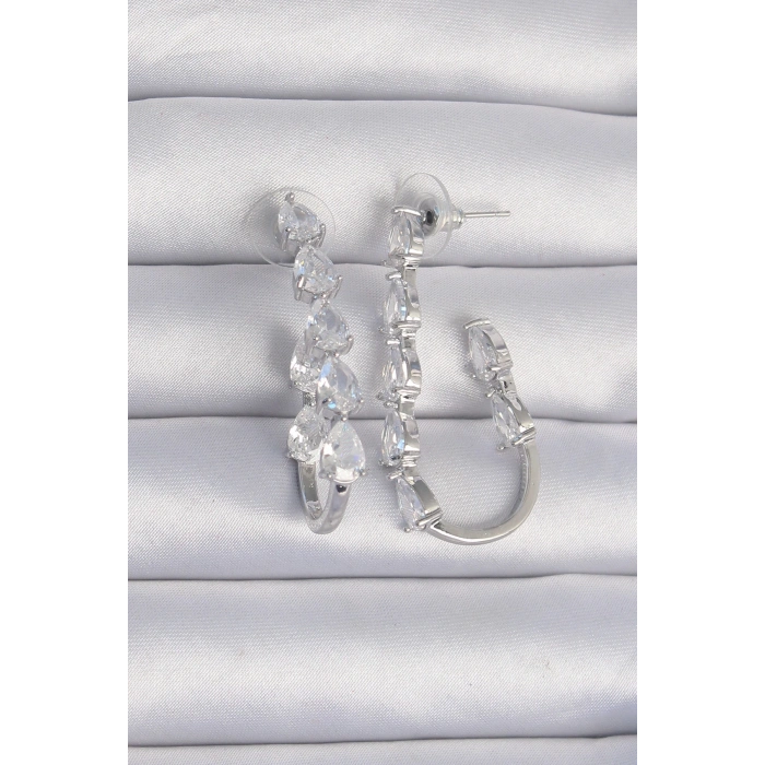 HEYF Pirinç Gümüş Renk Damla Zirkon Taş Tasarımlı Küpe