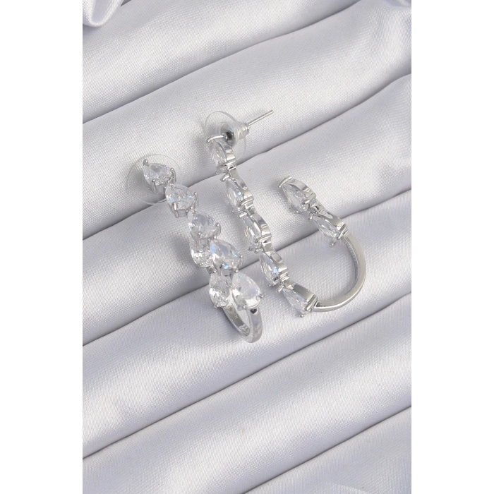 HEYF Pirinç Gümüş Renk Damla Zirkon Taş Tasarımlı Küpe