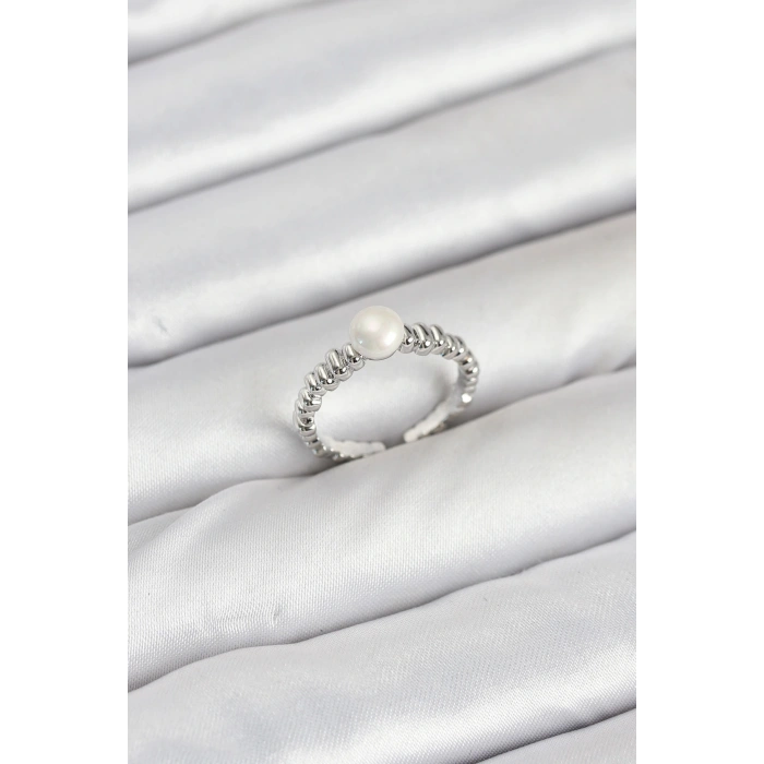 HEYF Pirinç Gümüş Renk Göbek İnci Model Kadın Yüzük