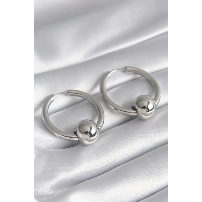 HEYF Pirinç Gümüş Renk Halka Top Model Kadın Küpe