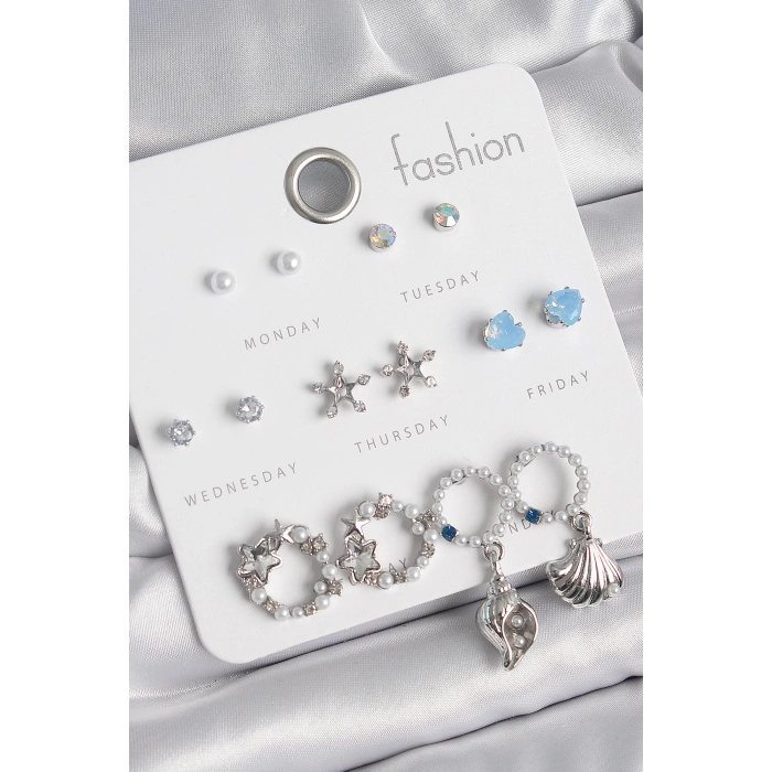 HEYF Pirinç Gümüş Renk İncli Zirkon Taşlı Halka Figür Yıldız Detay 7 Çift Kadın Küpe Seti