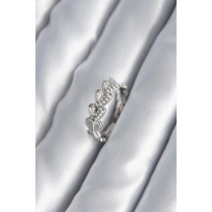 HEYF Pirinç Gümüş Renk Kalp Model İnci Detay Kadın Yüzük