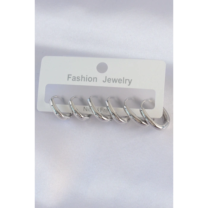 HEYF Pirinç Gümüş Renk Oval Küpe Seti