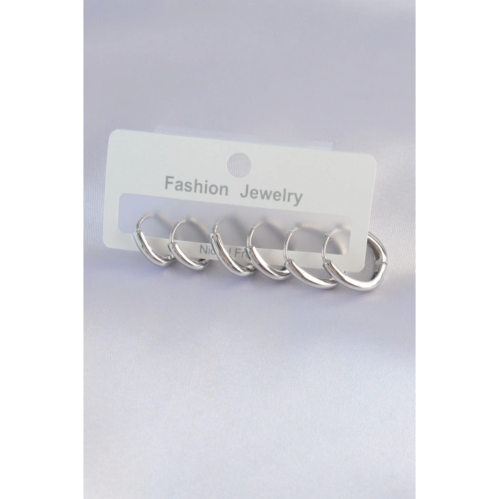 HEYF Pirinç Gümüş Renk Oval Küpe Seti