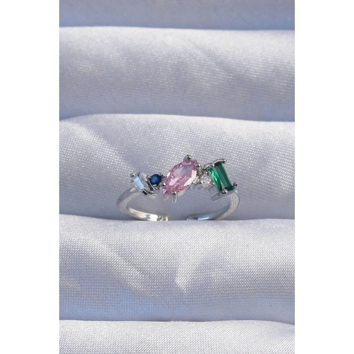 HEYF Pirinç Gümüş Renk Renkli Zirkon Taşlı Ayarlanabilir Yüzük