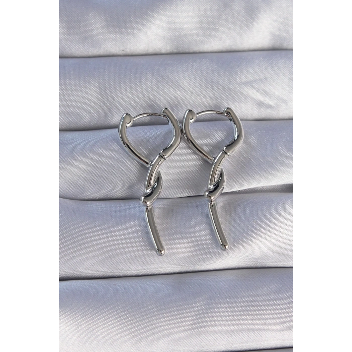 HEYF Pirinç Gümüş Renk Sarmal Çubuk Tasarımlı Uzun Küpe