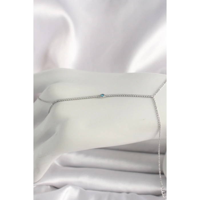 HEYF Pirinç Gümüş Renk Su Yolu Zirkon Taşlı Mavi Taş Detaylı Kadın Şahmeran