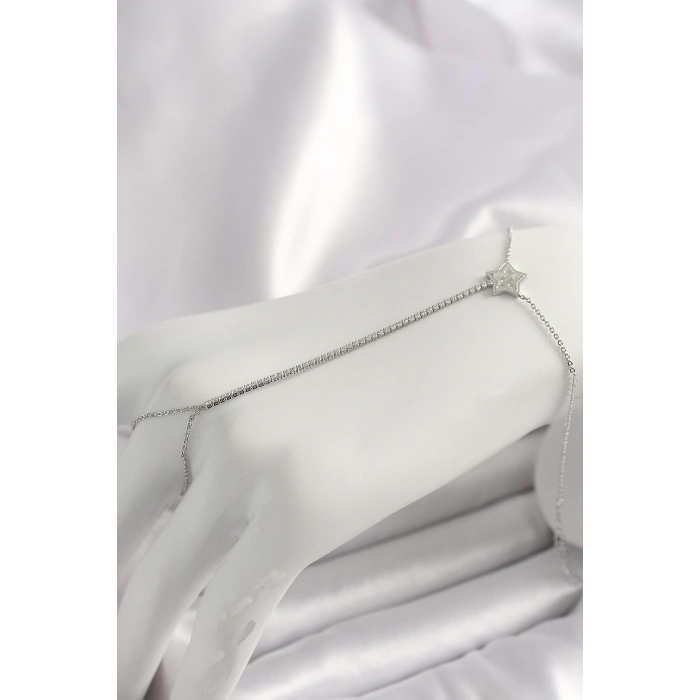 HEYF Pirinç Gümüş Renk Su Yolu Zirkon Taşlı Yıldız Model Kadın Şahmeran